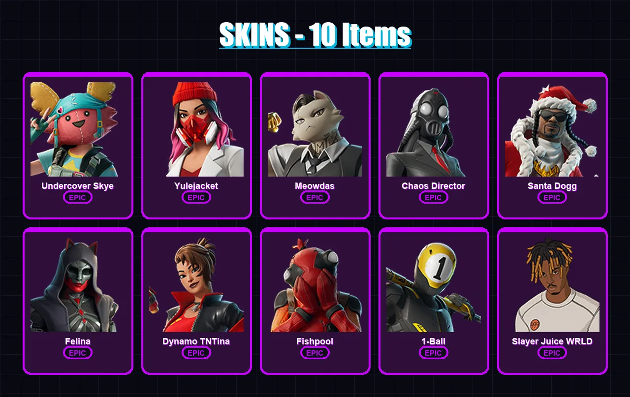 [PC/XBOX/PSN] | Undercover Skye | Yulejacket | Meowdas | Chaos Director | Santa Dogg | 10 skin | 32 pickaxe | 16 emote | 23 glider | Lv231