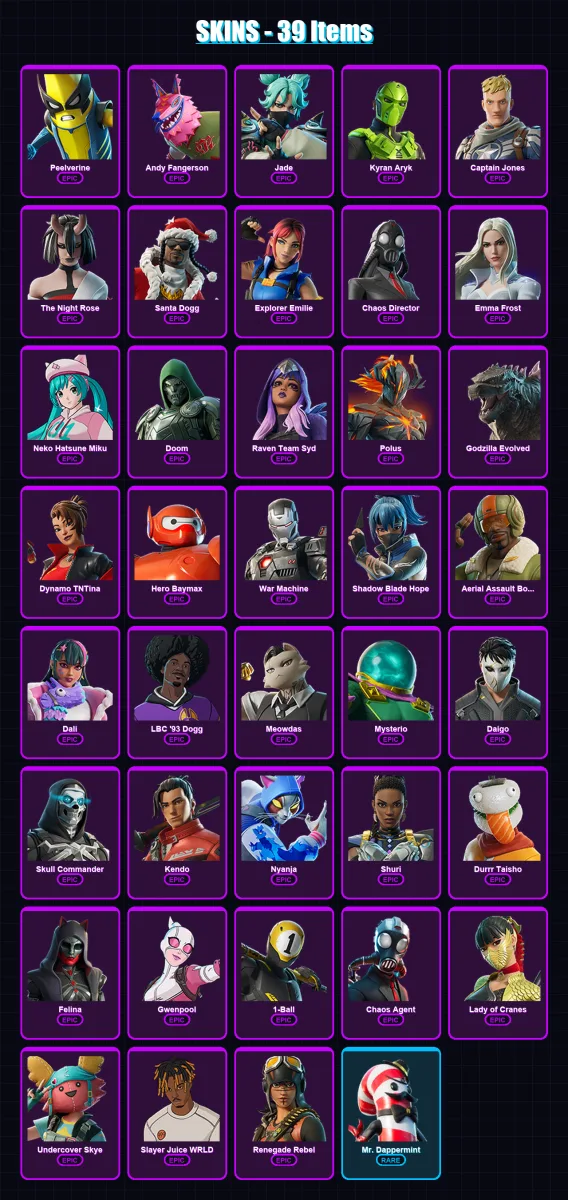 [PC/PSN] | Peelverine | Andy Fangerson | Jade | Kyran Aryk | Captain Jones | 39 skin | 64 pickaxe | 43 emote | 41 glider | Lv746