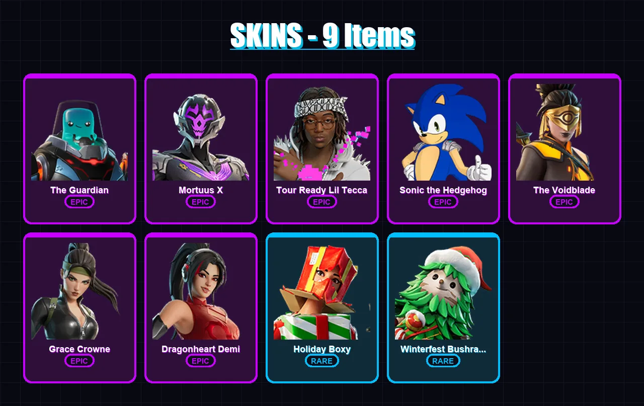[PC/XBOX/PSN] | The Guardian | Mortuus X | Tour Ready Lil Tecca | Sonic the Hedgehog | The Voidblade | 9 skin | 7 pickaxe | 4 emote | 8 glider | Lv8