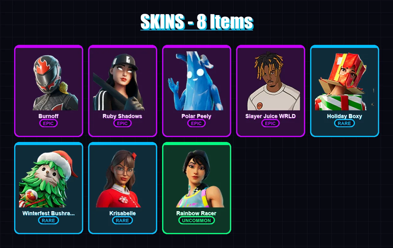 [SWITCH/XBOX/PSN/PC] | Burnoff | Ruby Shadows | Polar Peely | Slayer Juice WRLD | Holiday Boxy | 8 skin | 26 pickaxe | 14 emote | 21 glider | Lv237