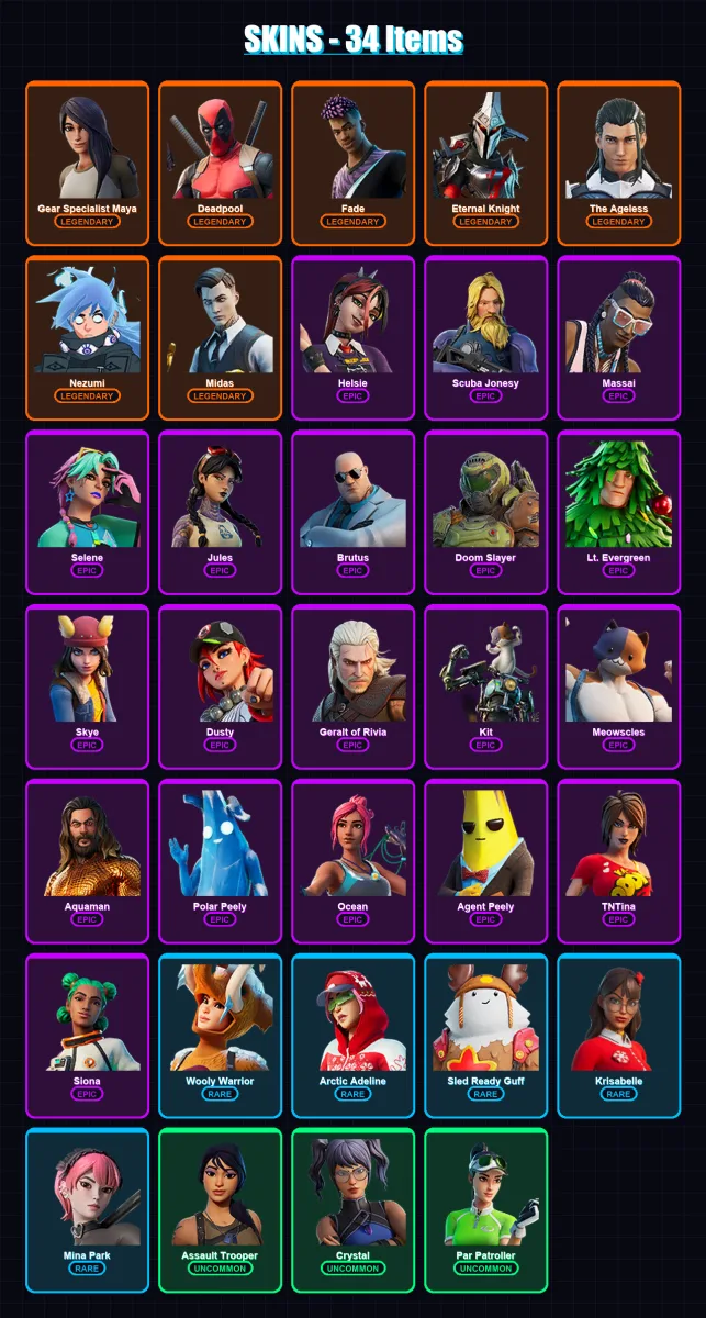 [PC/XBOX/PSN] | Gear Specialist Maya | Deadpool | Fade | Eternal Knight | The Ageless | 34 skin | 57 pickaxe | 55 emote | 60 glider | Lv1079