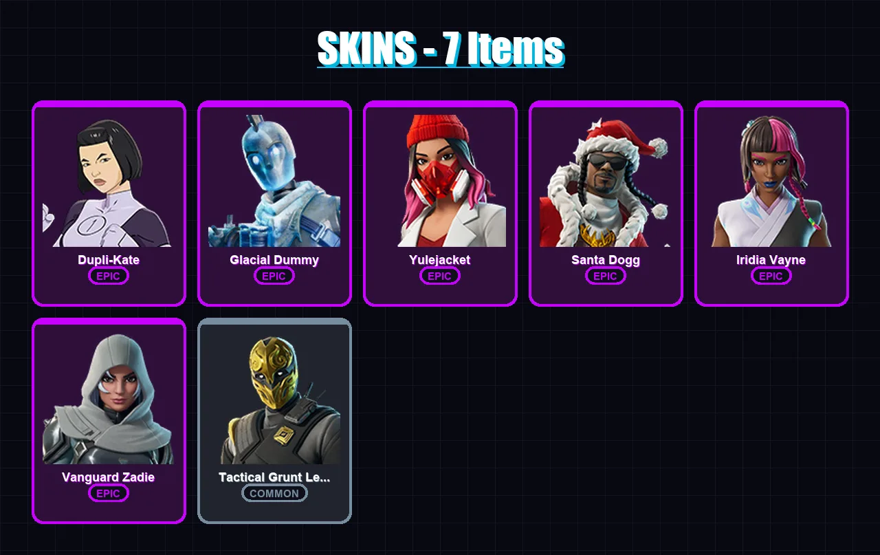 [PC/XBOX/PSN] | Dupli-Kate | Glacial Dummy | Yulejacket | Santa Dogg | Iridia Vayne | 7 skin | 51 pickaxe | 17 emote | 30 glider | Lv364