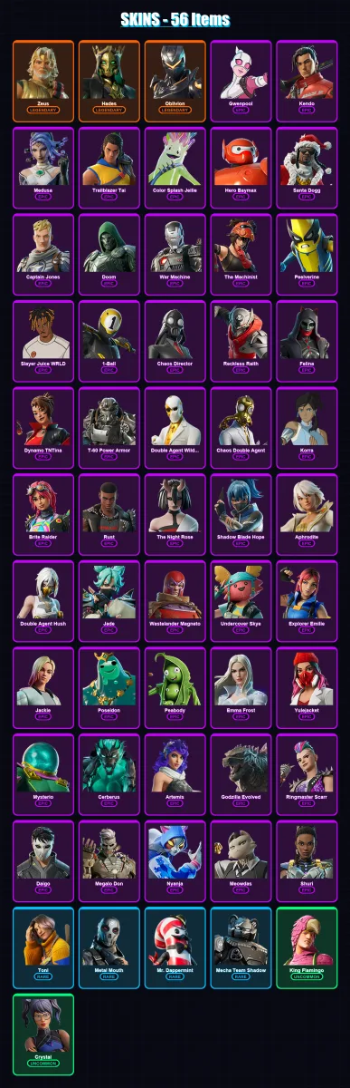 [PC/XBOX/PSN] | Zeus | Hades | Oblivion | Gwenpool | Kendo | 56 skin | 86 pickaxe | 56 emote | 62 glider | Lv1180