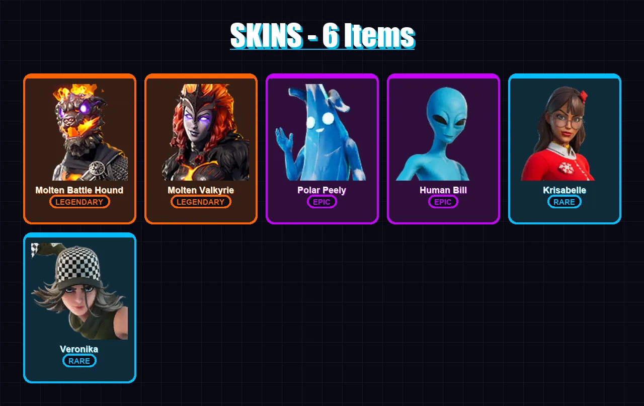 [PC/XBOX] | Molten Battle Hound | Molten Valkyrie | Polar Peely | Human Bill | Krisabelle | 6 skin | 19 pickaxe | 15 emote | 16 glider | Lv250