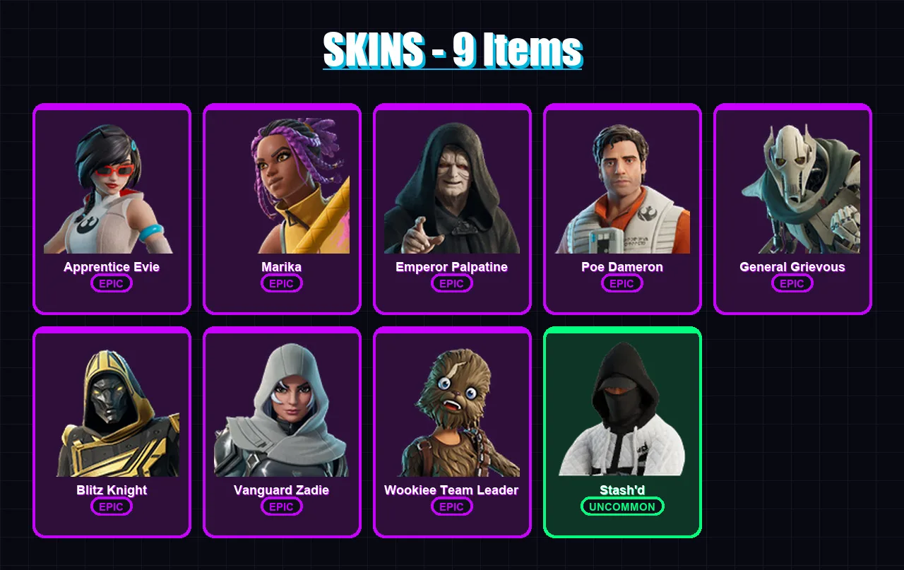 [PC/XBOX/PSN] | Apprentice Evie | Marika | Emperor Palpatine | Poe Dameron | General Grievous | 9 skin | 42 pickaxe | 17 emote | 31 glider | Lv321