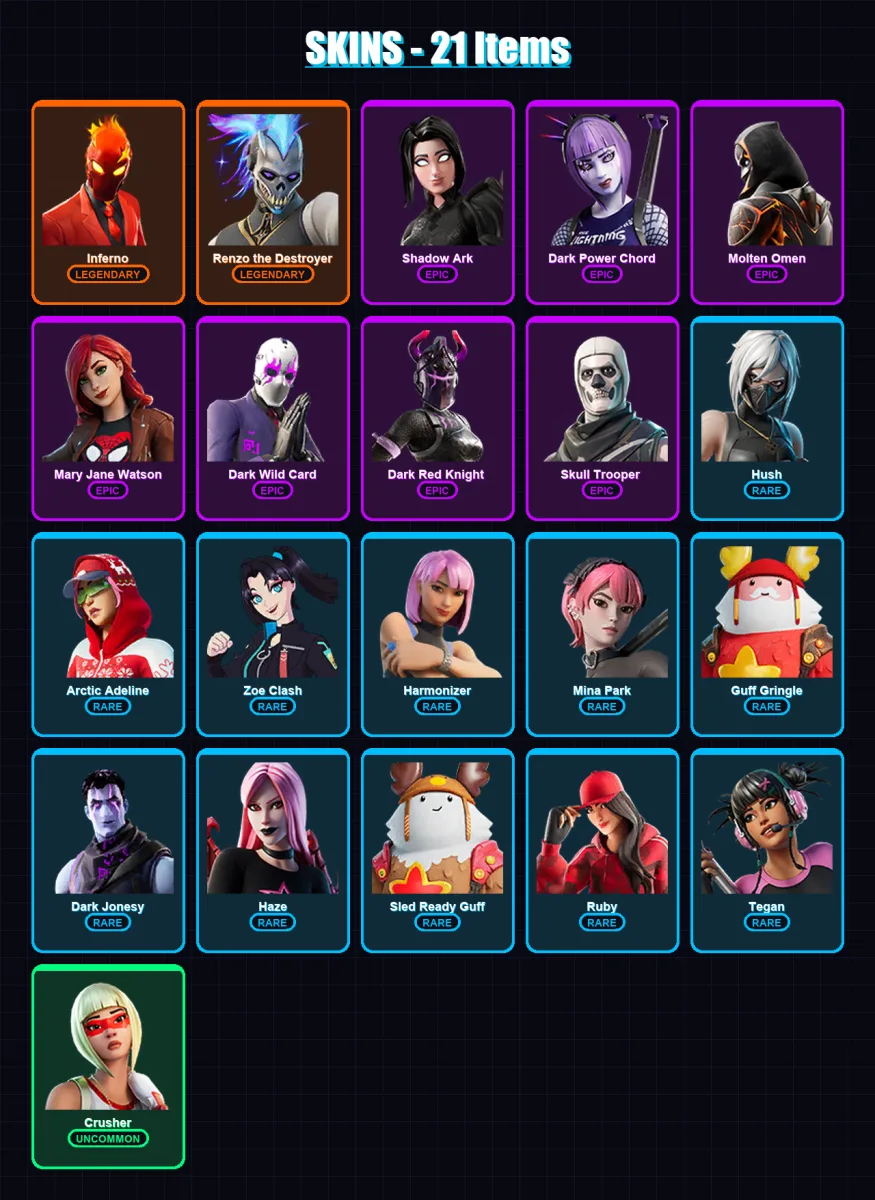 [PC/XBOX/PSN] | Inferno | Renzo the Destroyer | Shadow Ark | Dark Power Chord | Molten Omen | 21 skin | 21 pickaxe | 10 emote | 12 glider | Lv121 — Fortnite account