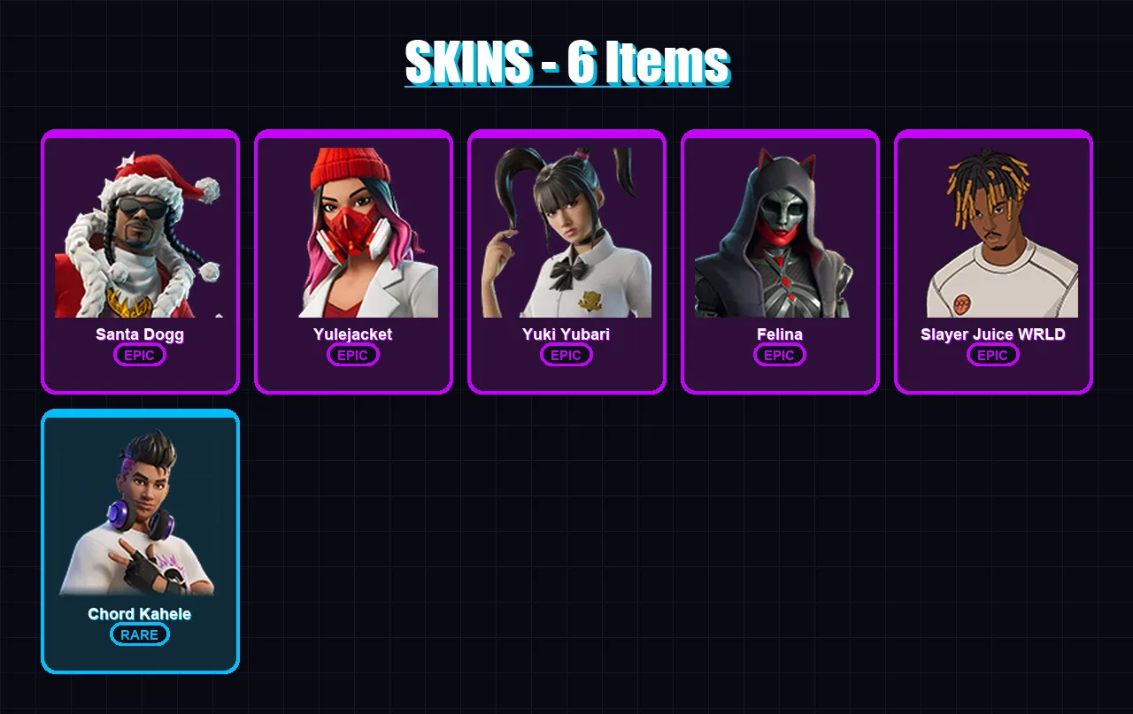 [PC/XBOX/PSN] | Santa Dogg | Yulejacket | Yuki Yubari | Felina | Slayer Juice WRLD | 6 skin | 34 pickaxe | 19 emote | 23 glider | Lv609