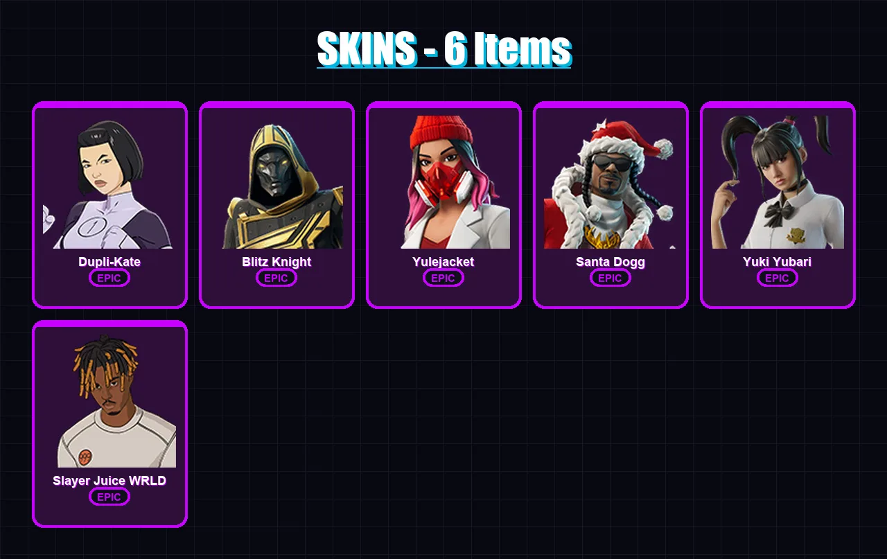 [PS4/PS5/XBOX/PC] | Dupli-Kate | Blitz Knight | Yulejacket | Santa Dogg | Yuki Yubari | 6 skin | 65 pickaxe | 29 emote | 42 glider | Lv652