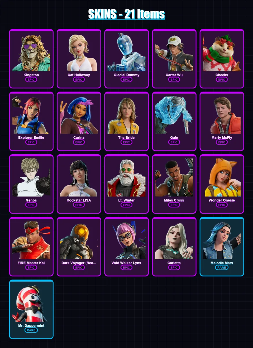 [PC/PSN] | Kingston | Cat Holloway | Glacial Dummy | Carter Wu | Cheeks | 21 skin | 36 pickaxe | 19 emote | 24 glider | Lv236