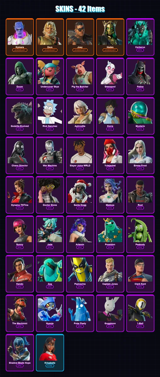 [PC/XBOX/PSN] | Kymera | Zeus | Joey | Hades | Cerberus | 42 skin | 77 pickaxe | 44 emote | 54 glider | Lv645