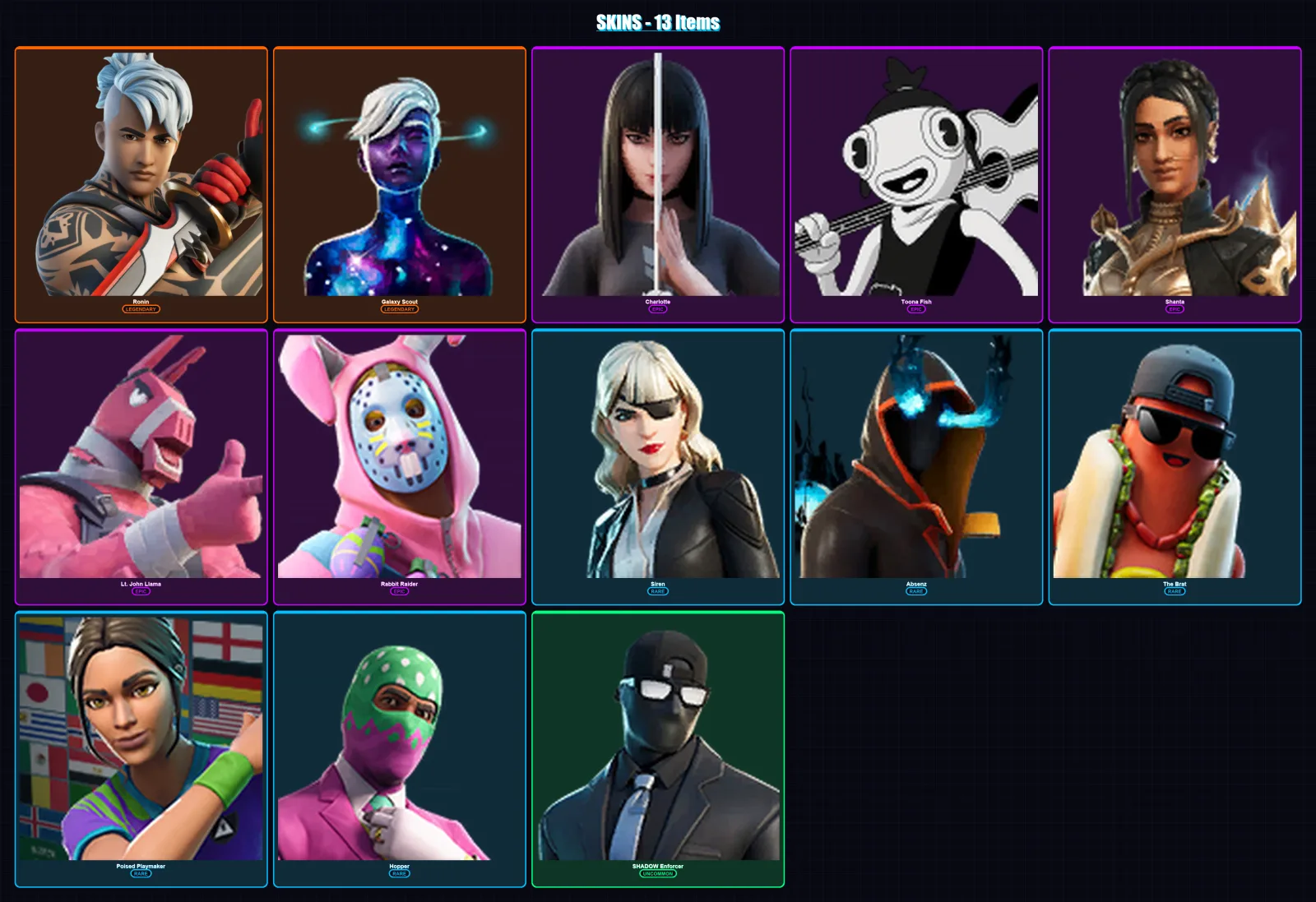 [PC/XBOX/PSN] | Ronin | Galaxy Scout | Charlotte | Toona Fish | Shanta | 13 skin | 14 pickaxe | 23 emote | 13 glider | Lv130
