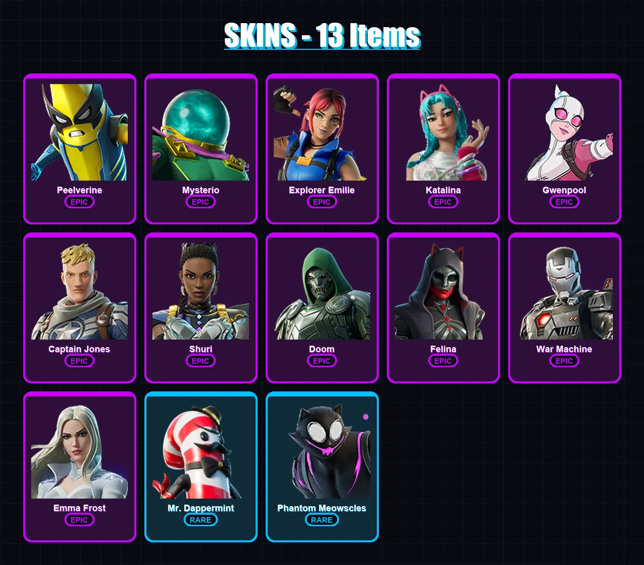 [PC/PSN] | Peelverine | Mysterio | Explorer Emilie | Katalina | Gwenpool | 13 skin | 28 pickaxe | 14 emote | 18 glider | Lv231