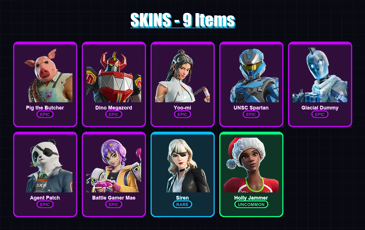 [PC/PSN] | Pig the Butcher | Dino Megazord | Yoo-mi | UNSC Spartan | Glacial Dummy | 9 skin | 21 pickaxe | 11 emote | 14 glider | Lv132