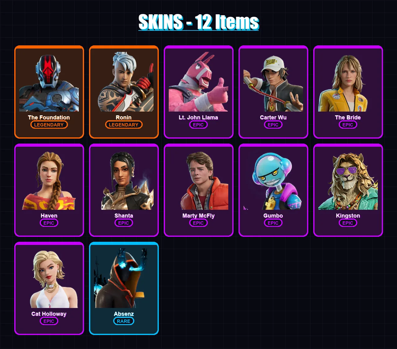 [PC/PSN] | The Foundation | Ronin | Lt. John Llama | Carter Wu | The Bride | 12 skin | 44 pickaxe | 24 emote | 29 glider | Lv480