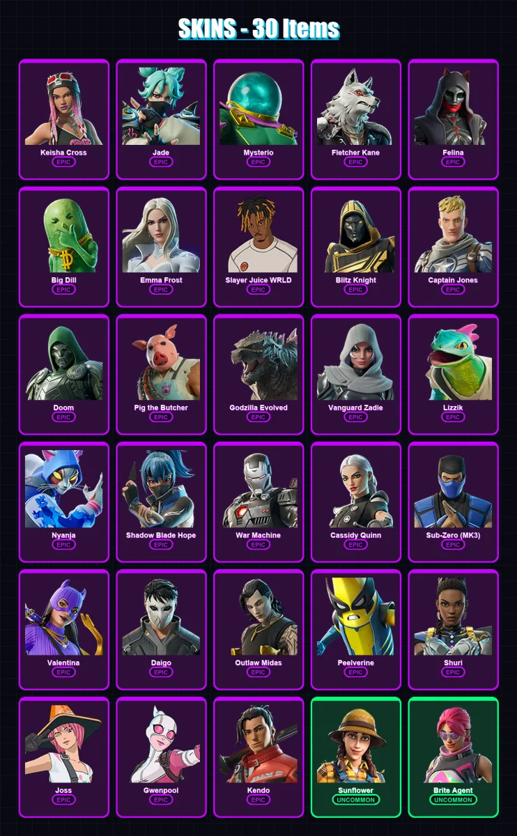 [PC/PSN] | Keisha Cross | Jade | Mysterio | Fletcher Kane | Felina | 30 skin | 73 pickaxe | 49 emote | 51 glider | Lv650 — Fortnite account