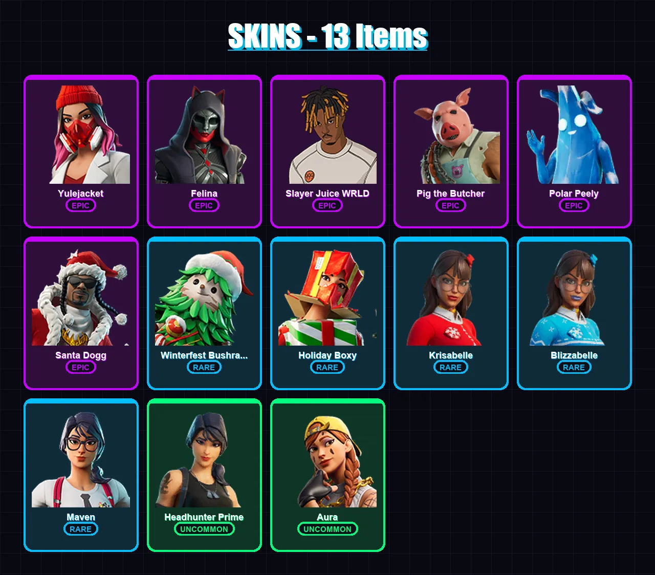 [PC/XBOX/PSN] | Yulejacket | Felina | Slayer Juice WRLD | Pig the Butcher | Polar Peely | 13 skin | 47 pickaxe | 17 emote | 38 glider | Lv527