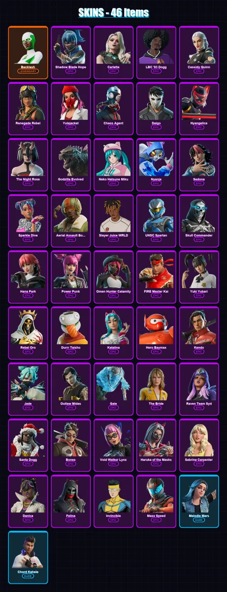 [PC] | Backlash | Shadow Blade Hope | Carletta | LBC '93 Dogg | Cassidy Quinn | 46 skin | 64 pickaxe | 28 emote | 29 glider | Lv342