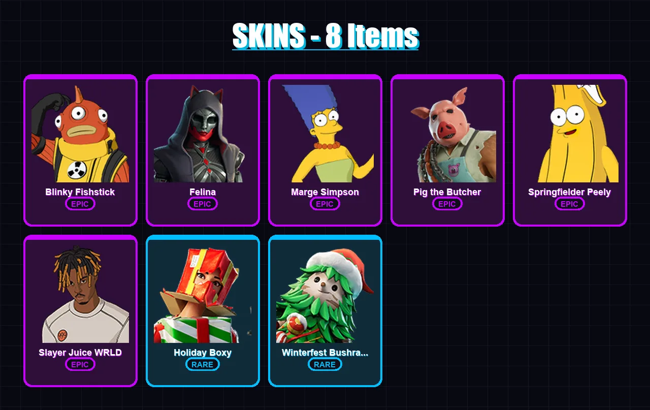 [PC/PSN] | Blinky Fishstick | Felina | Marge Simpson | Pig the Butcher | Springfielder Peely | 8 skin | 37 pickaxe | 16 emote | 25 glider | Lv336
