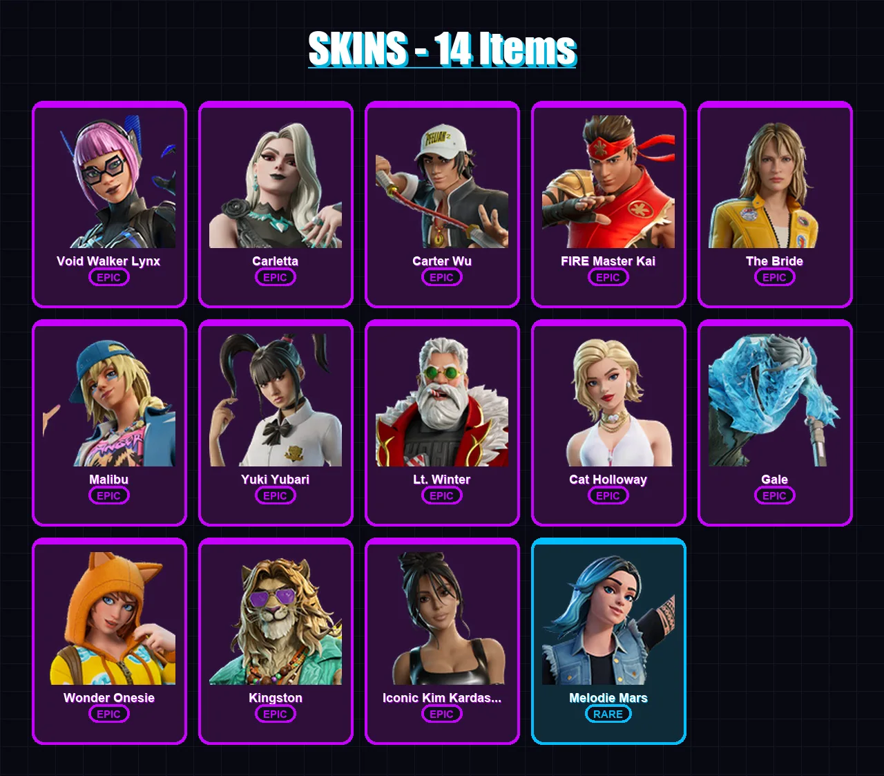 [PC/PSN] | Void Walker Lynx | Carletta | Carter Wu | FIRE Master Kai | The Bride | 14 skin | 24 pickaxe | 19 emote | 15 glider | Lv107