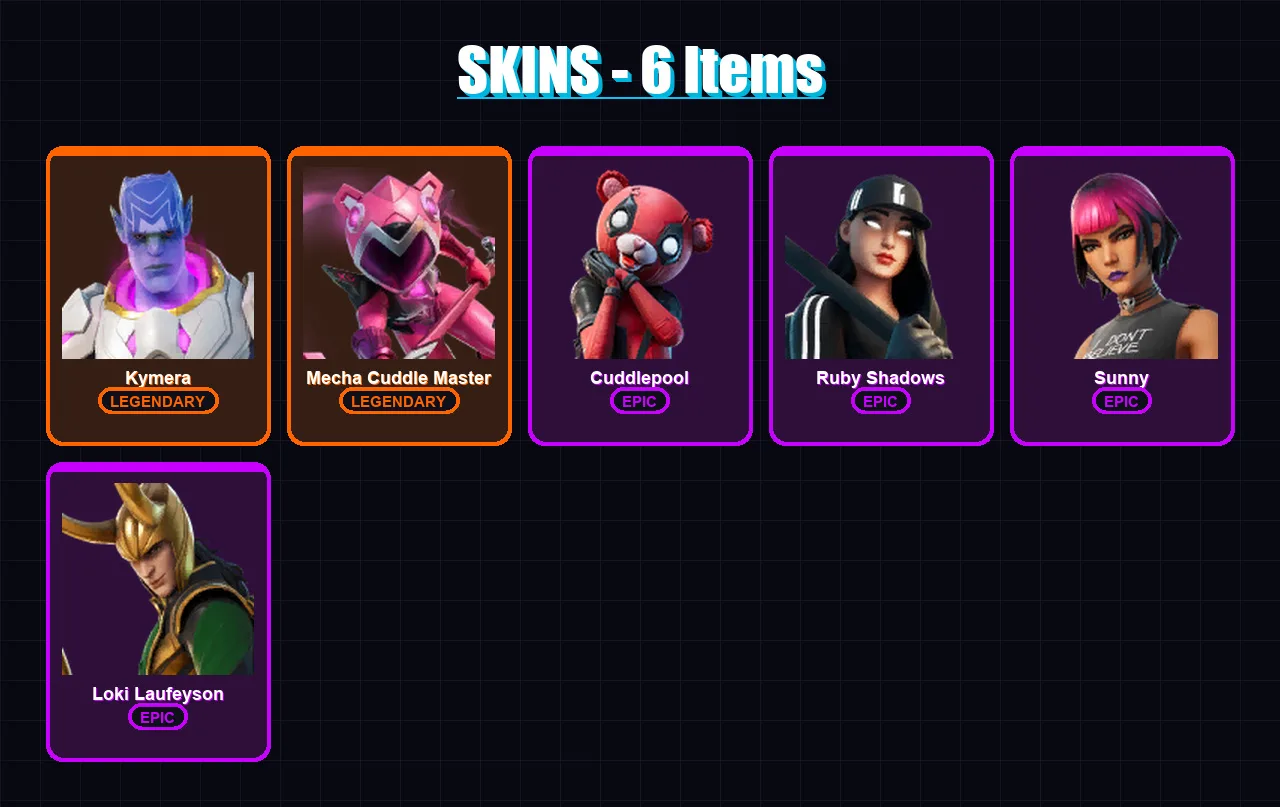 [PC/XBOX/PSN] | Kymera | Mecha Cuddle Master | Cuddlepool | Ruby Shadows | Sunny | 6 skin | 8 pickaxe | 5 emote | 7 glider | Lv81