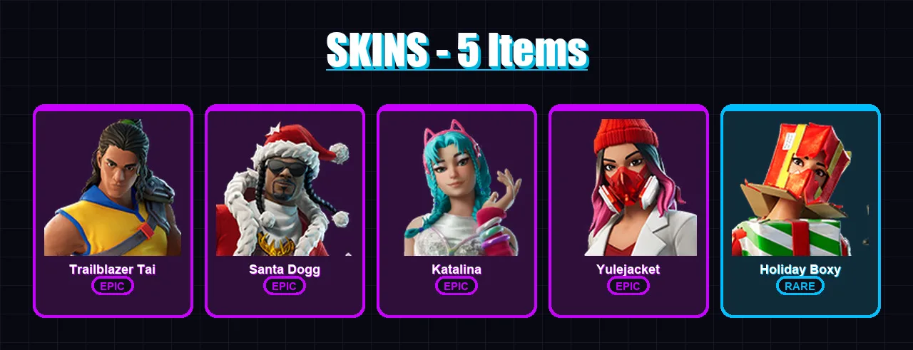 [PS4/PS5/XBOX/PC] | Trailblazer Tai | Santa Dogg | Katalina | Yulejacket | Holiday Boxy | 5 skin | 17 pickaxe | 5 emote | 13 glider | Lv132