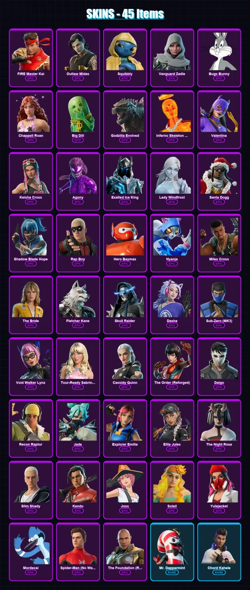 [PS4/PS5/XBOX/PC] | FIRE Master Kai | Outlaw Midas | Squibbly | Vanguard Zadie | Bugs Bunny | 45 skin | 71 pickaxe | 40 emote | 44 glider | Lv550