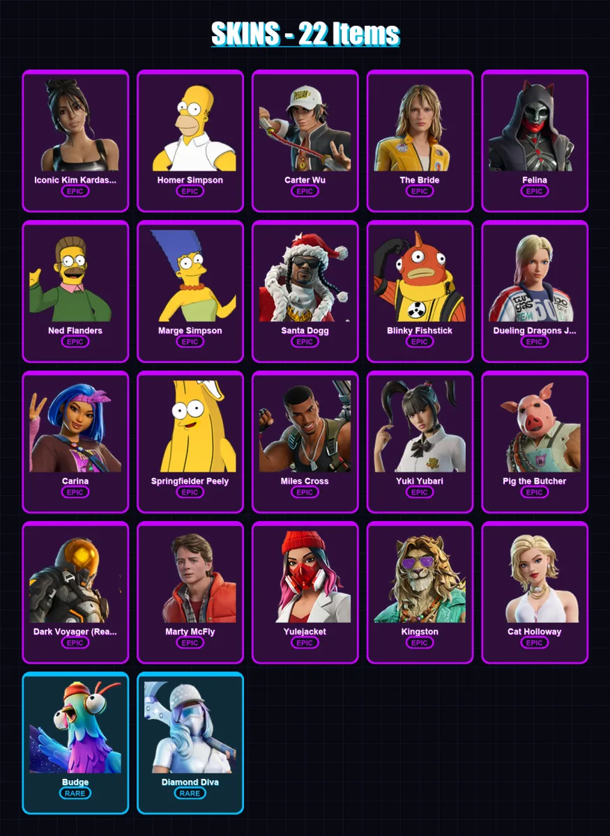 [PC/XBOX/PSN] | Iconic Kim Kardashian | Homer Simpson | Carter Wu | The Bride | Felina | 22 skin | 52 pickaxe | 29 emote | 36 glider | Lv766