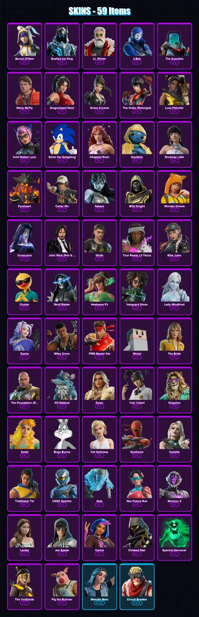 [PC/PSN] | Bunnii O'Hare | Exalted Ice King | Lt. Winter | 2-Ball | The Guardian | 59 skin | 108 pickaxe | 51 emote | 64 glider | Lv1255