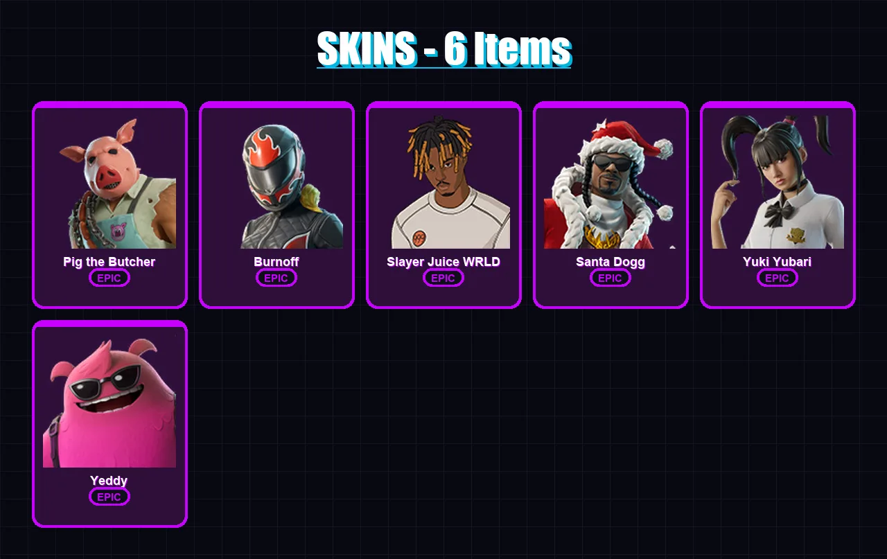 [PC/PSN] | Pig the Butcher | Burnoff | Slayer Juice WRLD | Santa Dogg | Yuki Yubari | 6 skin | 37 pickaxe | 16 emote | 22 glider | Lv180