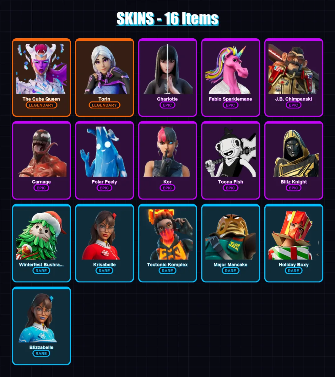 [PS4/PS5/XBOX/PC] | The Cube Queen | Torin | Charlotte | Fabio Sparklemane | J.B. Chimpanski | 16 skin | 40 pickaxe | 23 emote | 37 glider | Lv595