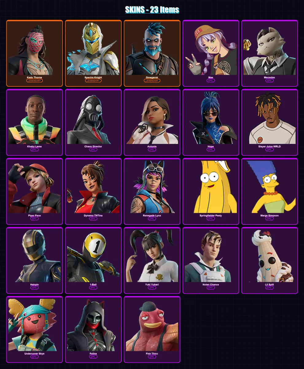 [PC/XBOX/PSN] | Kado Thorne | Spectra Knight | Omegarok | Mae | Meowdas | 23 skin | 47 pickaxe | 26 emote | 32 glider | Lv514
