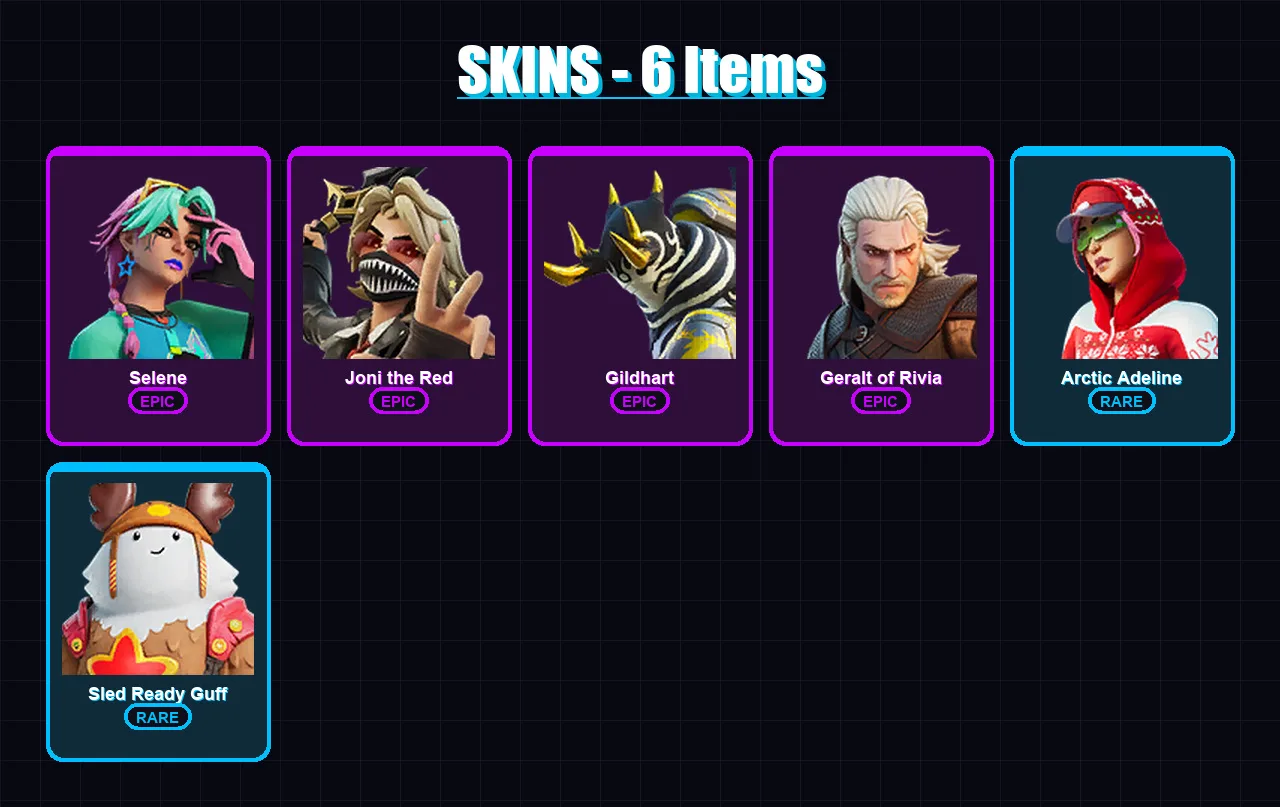 [PC/XBOX/PSN] | Selene | Joni the Red | Gildhart | Geralt of Rivia | Arctic Adeline | 6 skin | 10 pickaxe | 9 emote | 9 glider | Lv49