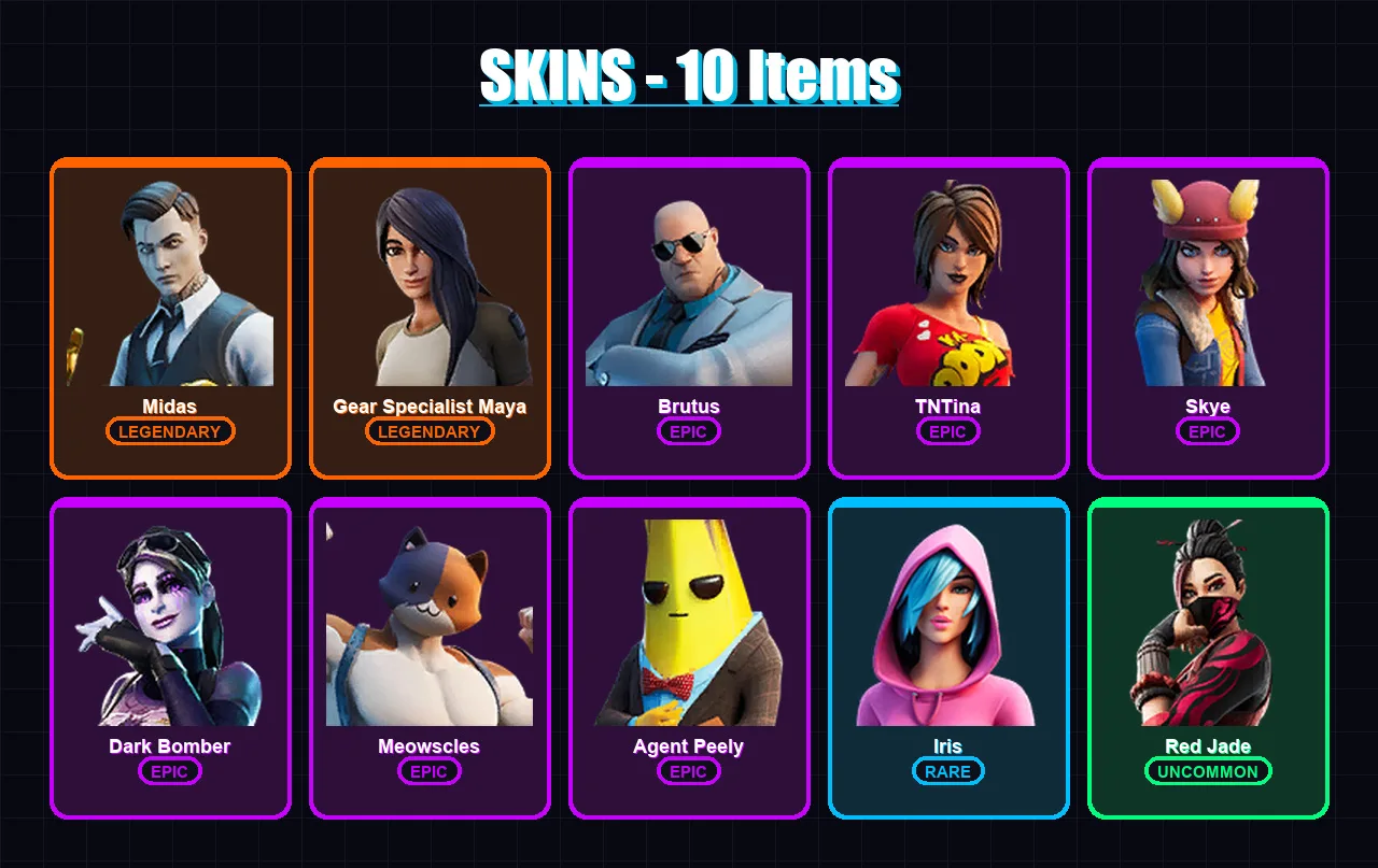 [PC/XBOX/PSN] | Midas | Gear Specialist Maya | Brutus | TNTina | Skye | 10 skin | 11 pickaxe | 19 emote | 13 glider | Lv186 — Fortnite account