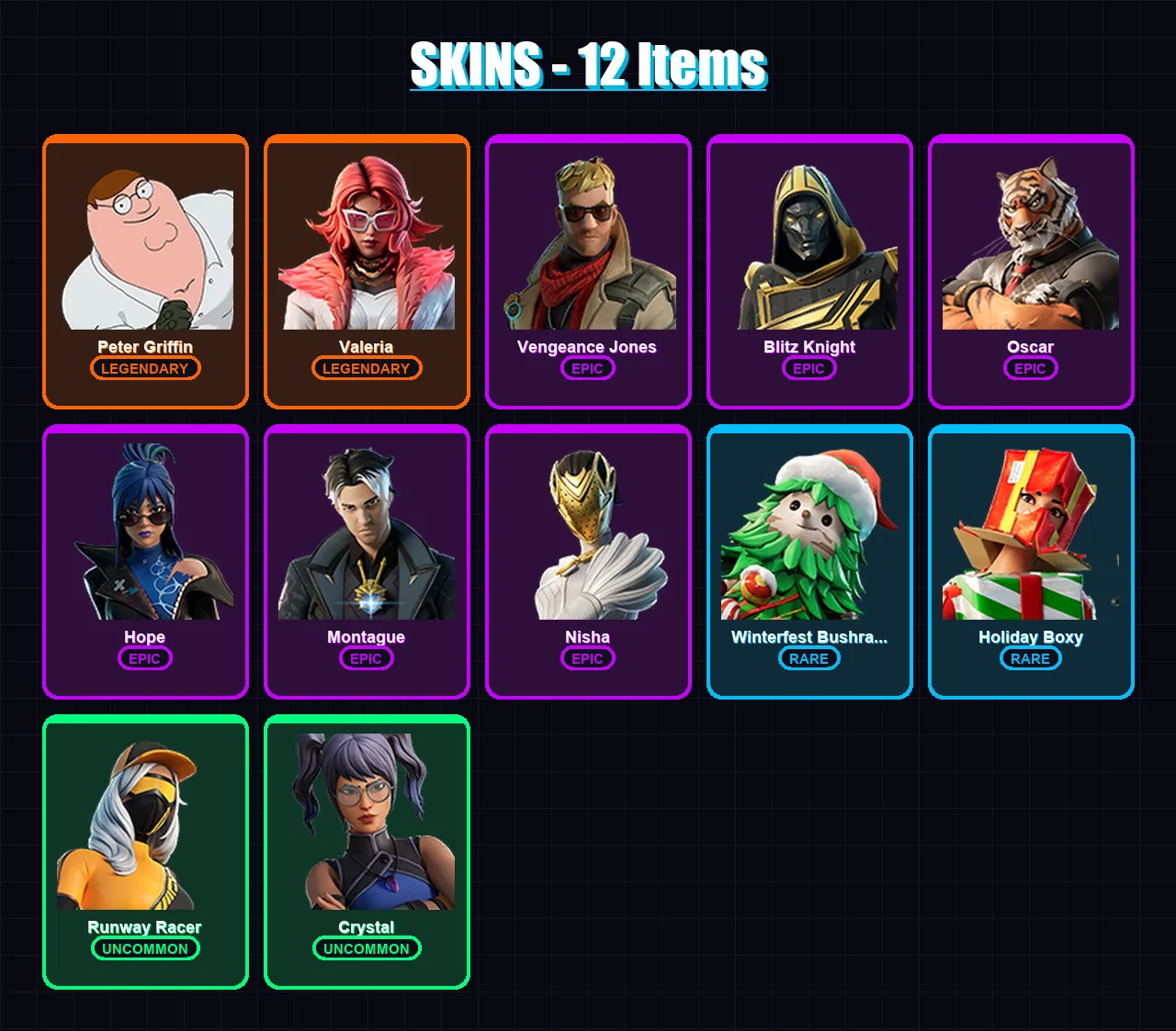 [PS4/PS5/XBOX/PC] | Peter Griffin | Valeria | Vengeance Jones | Blitz Knight | Oscar | 12 skin | 47 pickaxe | 21 emote | 31 glider | Lv434