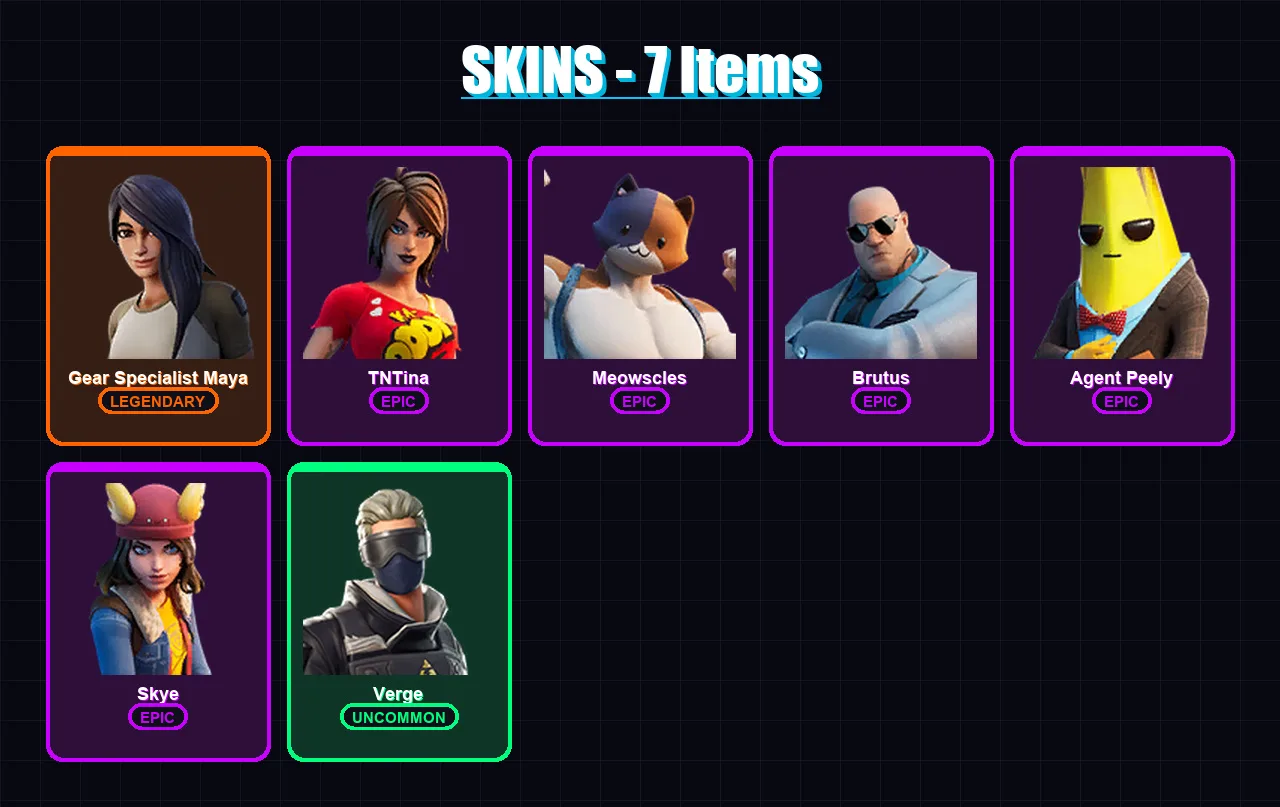 [PC/XBOX/PSN] | Gear Specialist Maya | TNTina | Meowscles | Brutus | Agent Peely | 7 skin | 9 pickaxe | 14 emote | 11 glider | Lv145
