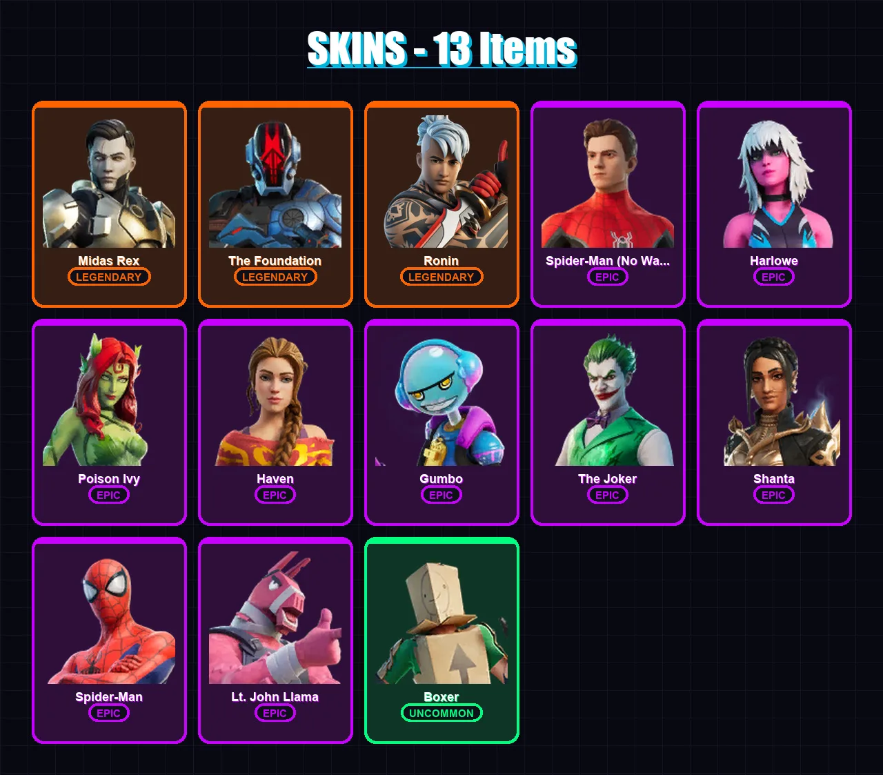 [PS4/PS5/XBOX/PC] | Midas Rex | The Foundation | Ronin | Spider-Man (No Way Home) | Harlowe | 13 skin | 18 pickaxe | 17 emote | 14 glider | Lv392 — Fortnite account