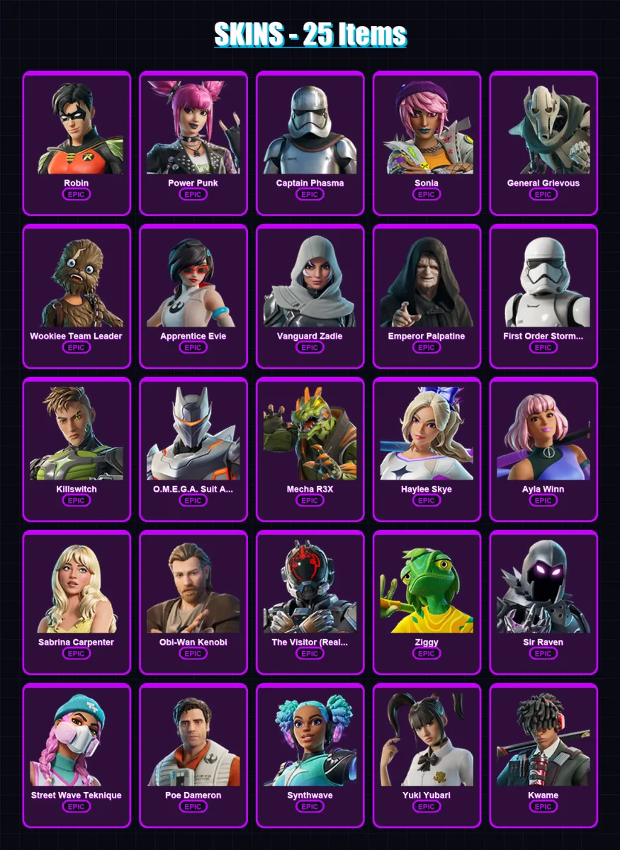 [SWITCH/XBOX/PSN/PC] | Robin | Power Punk | Captain Phasma | Sonia | General Grievous | 25 skin | 38 pickaxe | 25 emote | 25 glider | Lv447