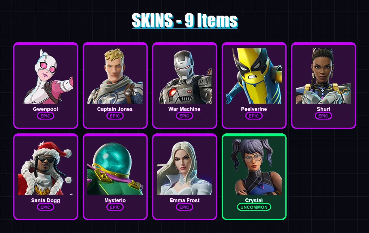 [PC/XBOX/PSN] | Gwenpool | Captain Jones | War Machine | Peelverine | Shuri | 9 skin | 14 pickaxe | 11 emote | 13 glider | Lv177
