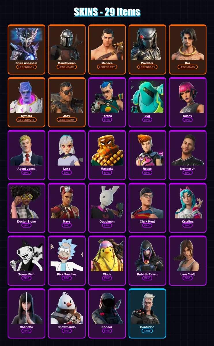 [PC/XBOX] | Spire Assassin | Mandalorian | Menace | Predator | Raz | 29 skin | 32 pickaxe | 21 emote | 32 glider | Lv525