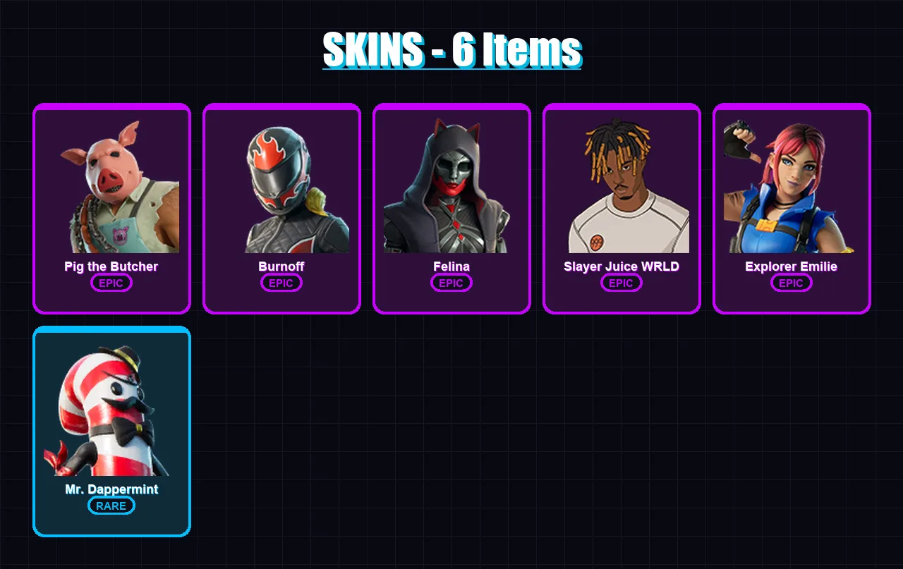 [PC/XBOX/PSN] | Pig the Butcher | Burnoff | Felina | Slayer Juice WRLD | Explorer Emilie | 6 skin | 24 pickaxe | 10 emote | 15 glider | Lv211