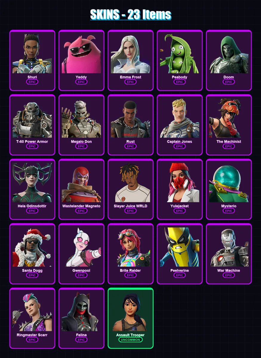 [PC/XBOX/PSN] | Shuri | Yeddy | Emma Frost | Peabody | Doom | 23 skin | 65 pickaxe | 45 emote | 45 glider | Lv888