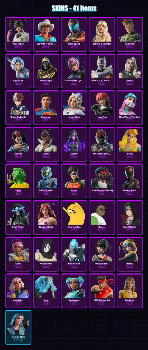 [PC] | Yuki Yubari | Die With A Smile Bruno | Maxx Speed | Sabrina Carpenter | Killswitch | 41 skin | 39 pickaxe | 23 emote | 18 glider | Lv174