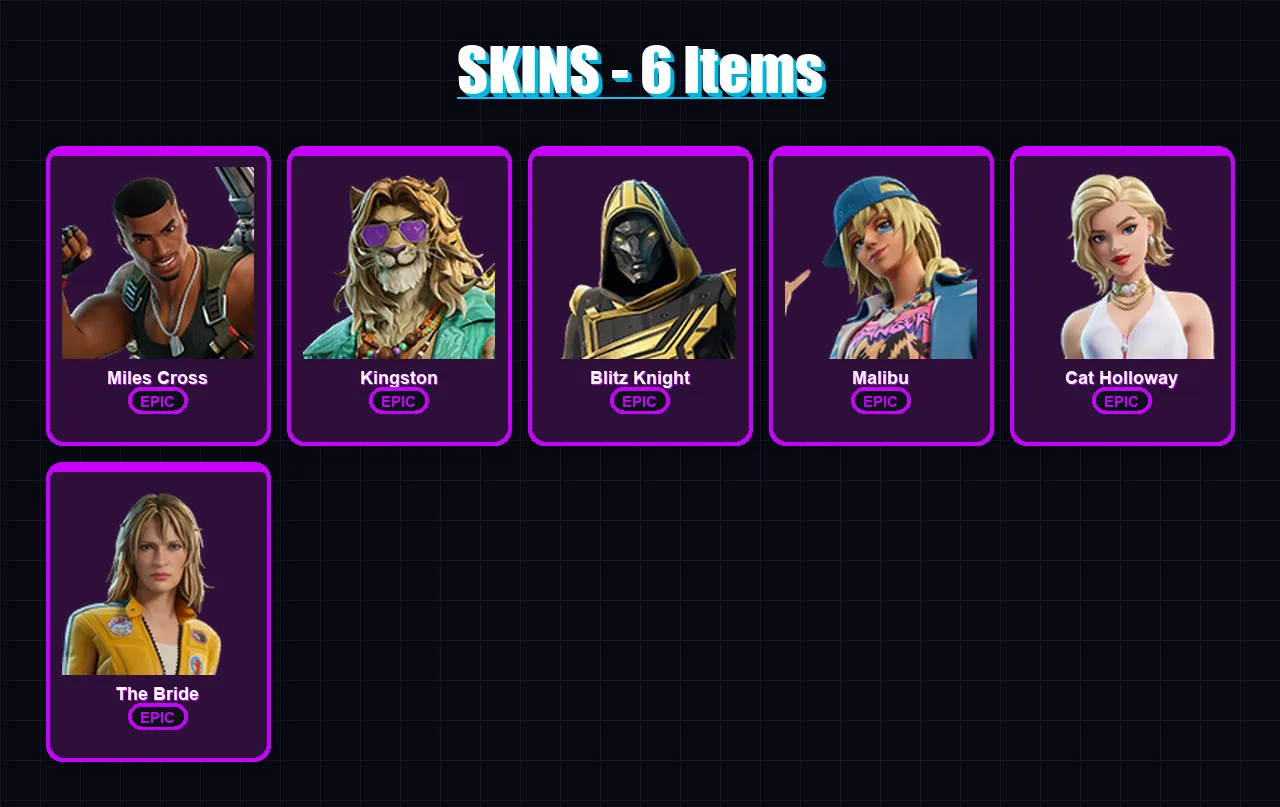 [PC/PSN] | Miles Cross | Kingston | Blitz Knight | Malibu | Cat Holloway | 6 skin | 19 pickaxe | 13 emote | 13 glider | Lv110