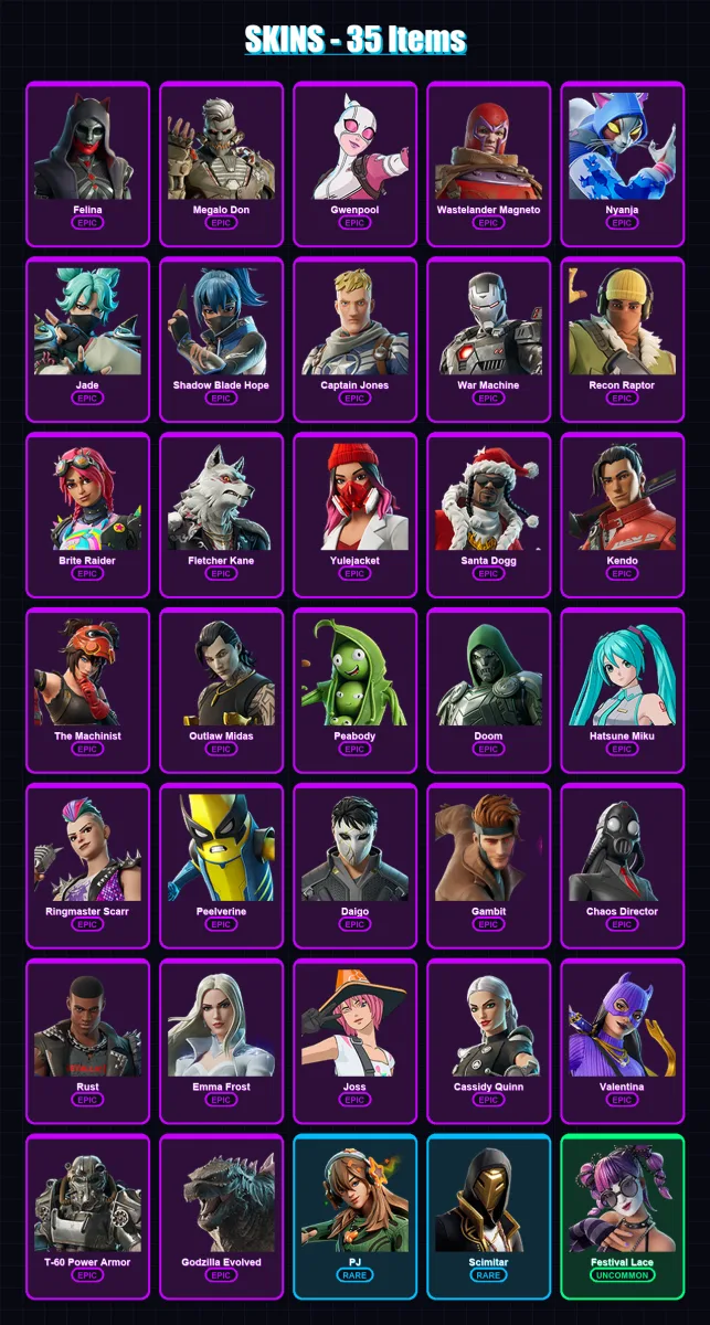 [PC/XBOX/PSN] | Felina | Megalo Don | Gwenpool | Wastelander Magneto | Nyanja | 35 skin | 50 pickaxe | 36 emote | 40 glider | Lv318