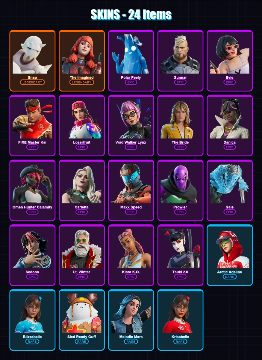[PC/PSN] | Snap | The Imagined | Polar Peely | Gunnar | Evie | 24 skin | 40 pickaxe | 23 emote | 28 glider | Lv336