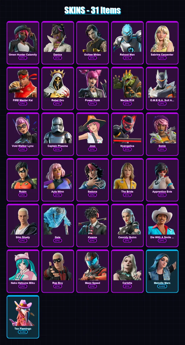 [PC/PSN] | Omen Hunter Calamity | Danica | Outlaw Midas | Reboot Man | Sabrina Carpenter | 31 skin | 28 pickaxe | 16 emote | 17 glider | Lv83