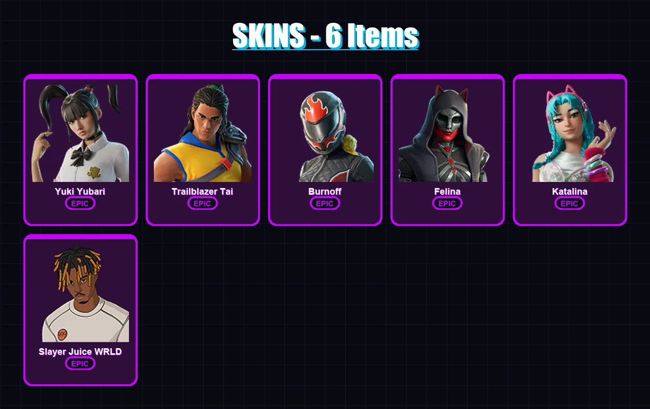 [PC] | Yuki Yubari | Trailblazer Tai | Burnoff | Felina | Katalina | 6 skin | 32 pickaxe | 10 emote | 19 glider | Lv203