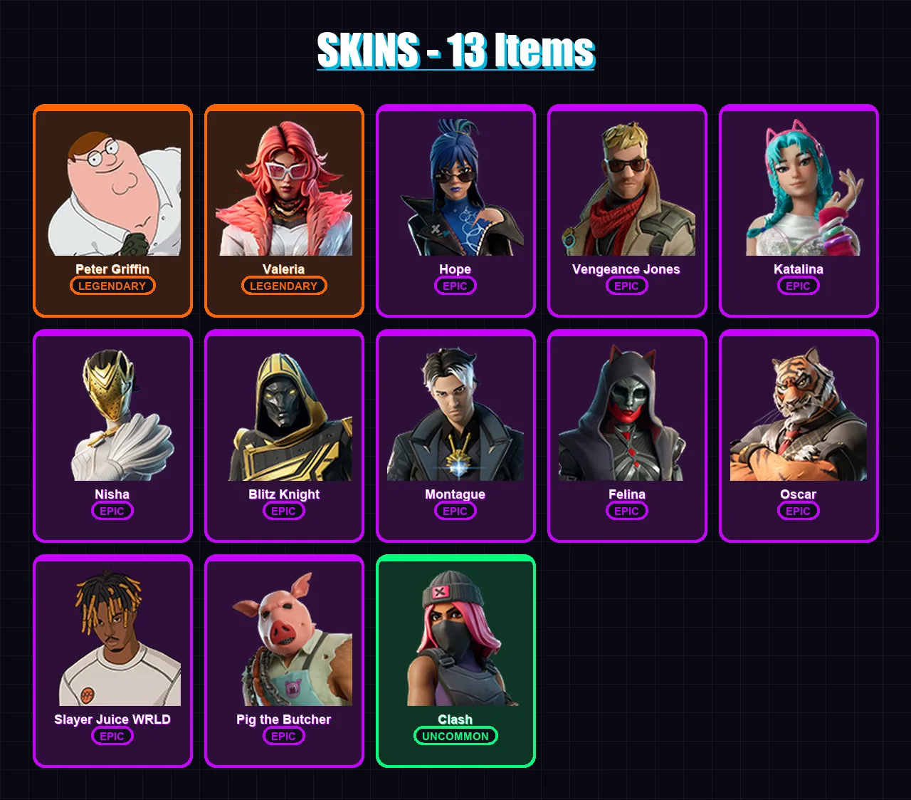[PC/XBOX/PSN] | Peter Griffin | Valeria | Hope | Vengeance Jones | Katalina | 13 skin | 57 pickaxe | 34 emote | 36 glider | Lv615