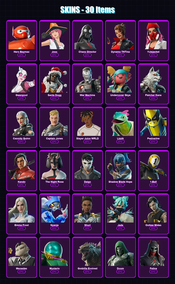 [PC/XBOX/PSN] | Hero Baymax | Joss | Chaos Director | Dynamo TNTina | Yulejacket | 30 skin | 64 pickaxe | 37 emote | 50 glider | Lv710