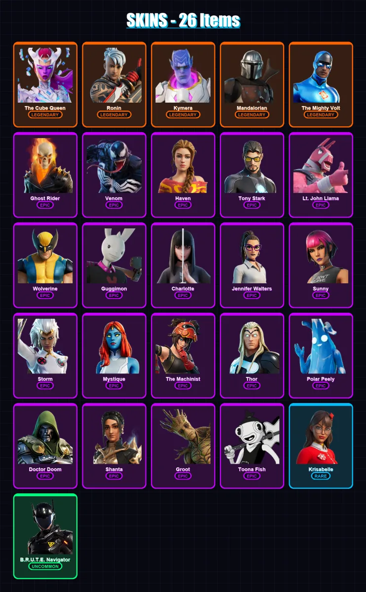 [PC/XBOX/PSN] | The Cube Queen | Ronin | Kymera | Mandalorian | The Mighty Volt | 26 skin | 31 pickaxe | 26 emote | 30 glider | Lv338